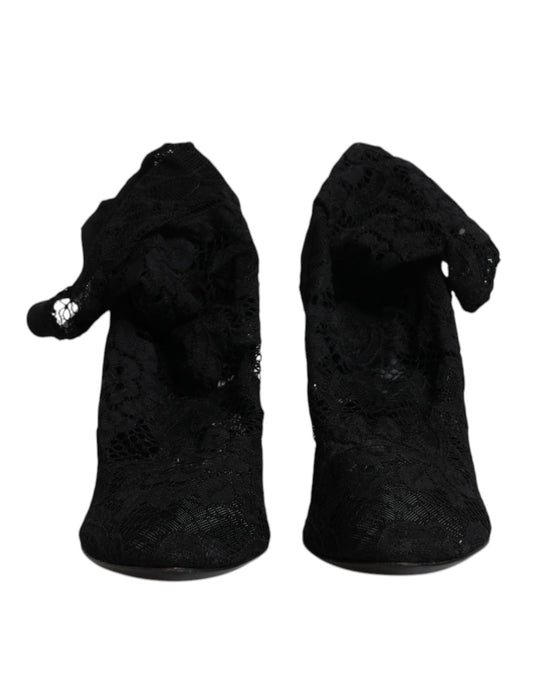 Dolce & Gabbana – Schwarze, wadenhohe Stiefel mit Stretch-Absatz aus Spitze
