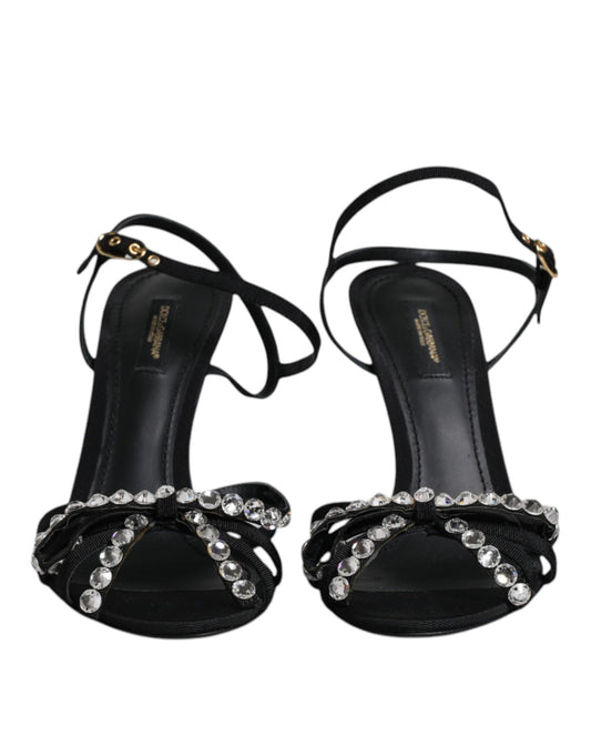 Dolce & Gabbana – KEIRA – Sandalen aus schwarzem Leder mit Kristallschleife