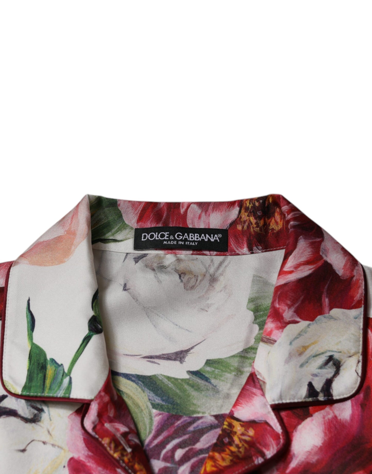 Dolce & Gabbana – Blusenoberteil aus weißer Pfingstrose-Seide mit langen Ärmeln und Kragen
