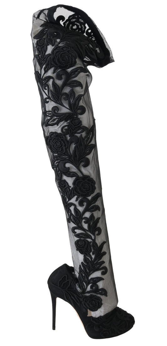 Dolce & Gabbana – Schwarze Sockenstiefel mit Blumenstickerei