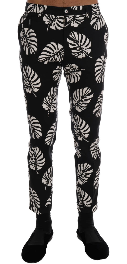 Dolce & Gabbana – Schmale Hose aus Baumwollstretch in Weiß und Schwarz mit Blattmuster
