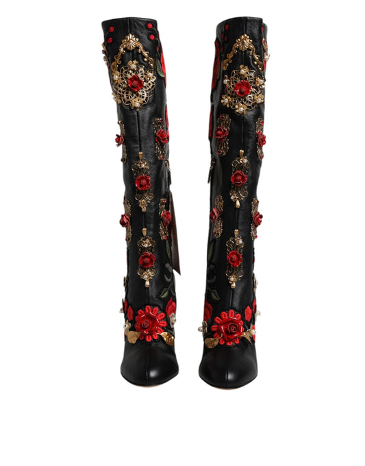 Dolce & Gabbana Schwarze Rosen verzierte Lederstiefel mit Absatz