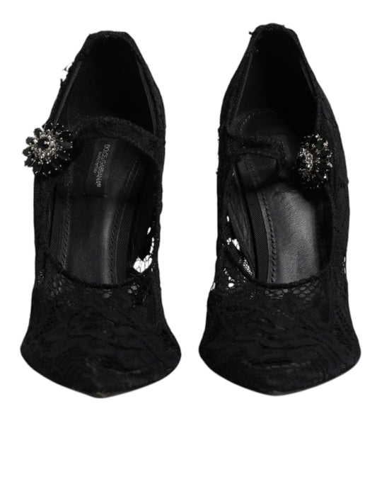 Dolce & Gabbana – Mary-Jane-Pumps mit schwarzer Spitze und Kristallen