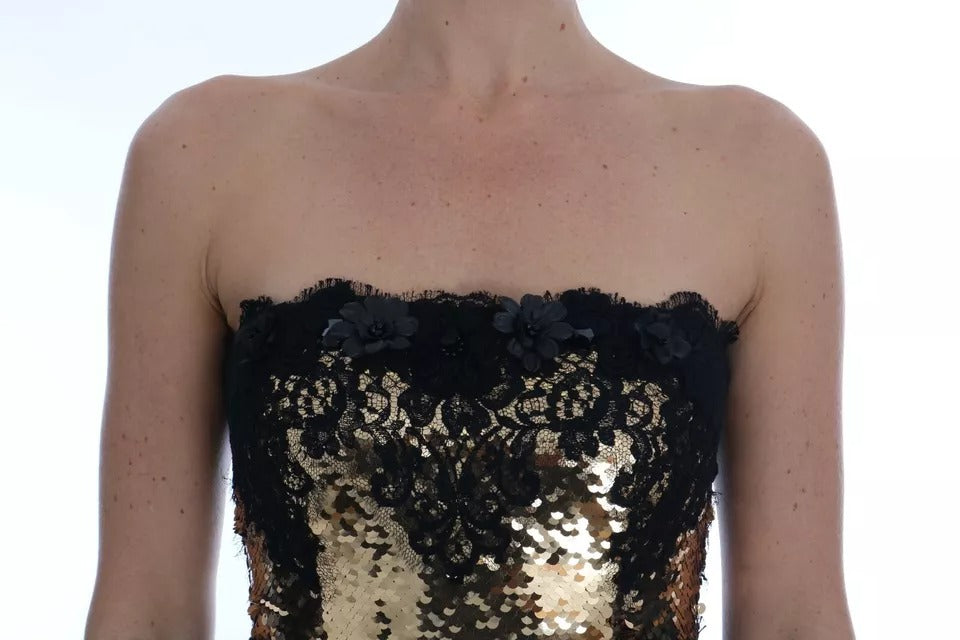 Dolce & Gabbana – Trägerloses Spitzenkleid in Gold mit Paillettenverzierung