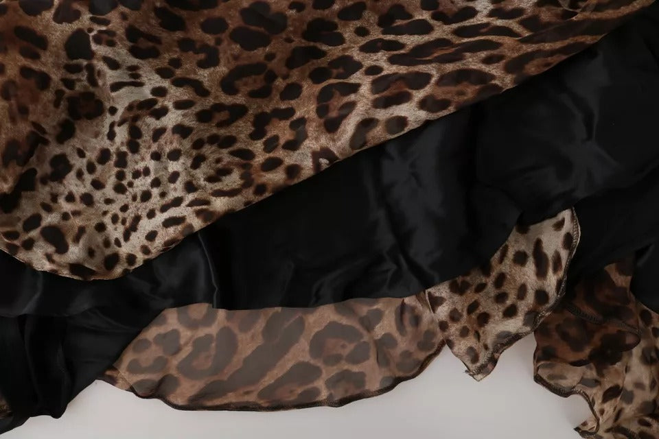 Dolce & Gabbana – Gerüschtes Maxikleid aus Seidenchiffon im Meerjungfrauenstil mit Leopardenmuster in Braun