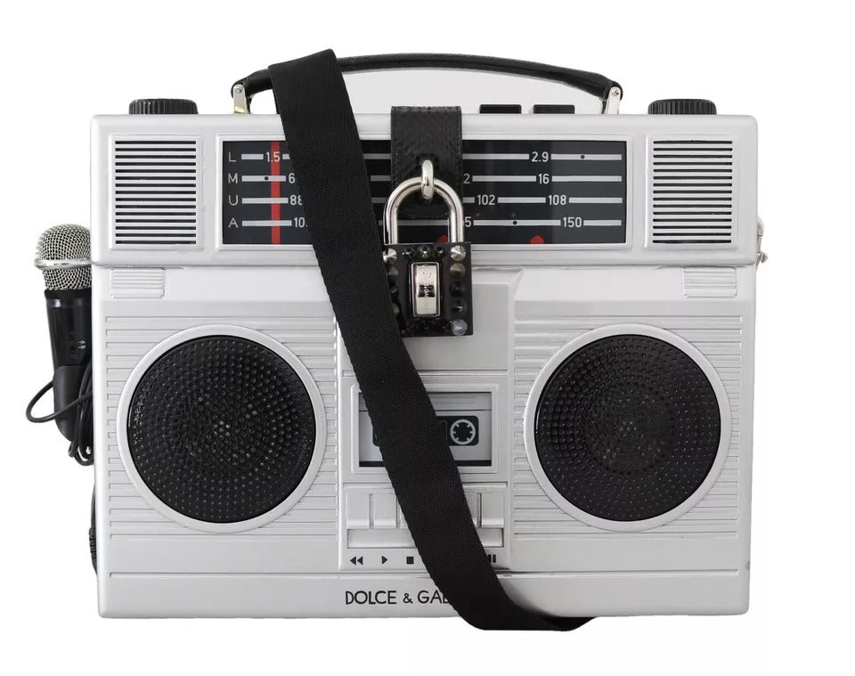 Dolce & Gabbana Silberne Retro-Radio-Boombox, limitierte Auflage, handgefertigte Holztasche