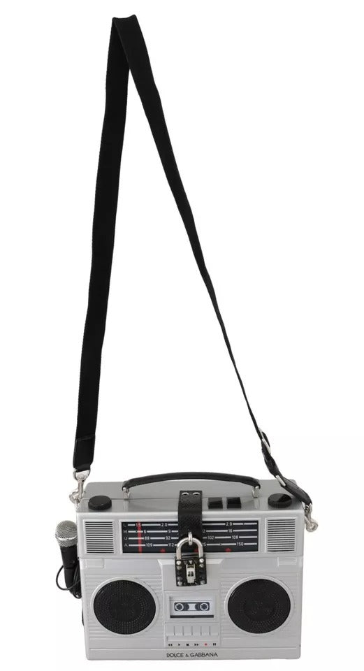 Dolce & Gabbana Silberne Retro-Radio-Boombox, limitierte Auflage, handgefertigte Holztasche