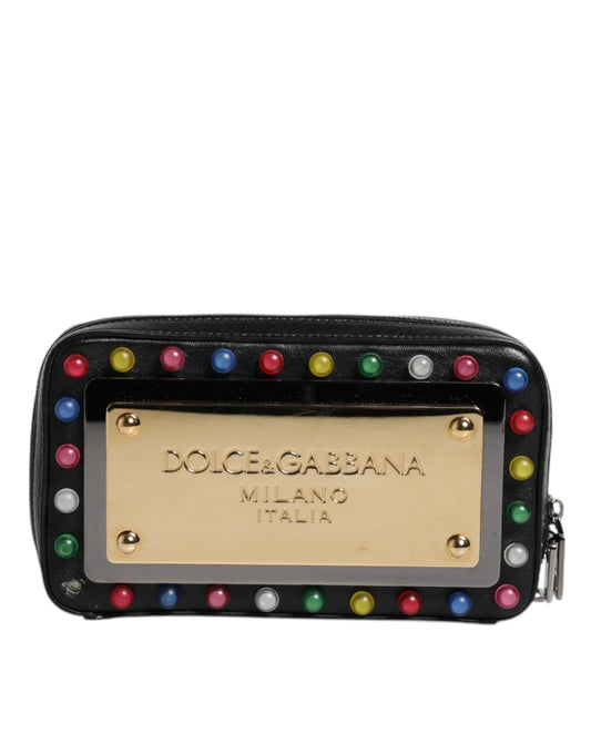 Dolce & Gabbana Clutch aus schwarzem Leder mit LED-Logo und Handgelenksriemen