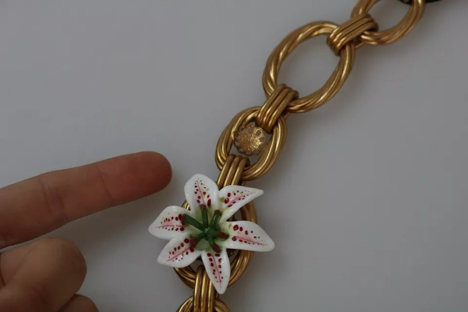 Dolce & Gabbana Halskette mit übergroßer Kette und Lilienblumen aus goldenem Messing