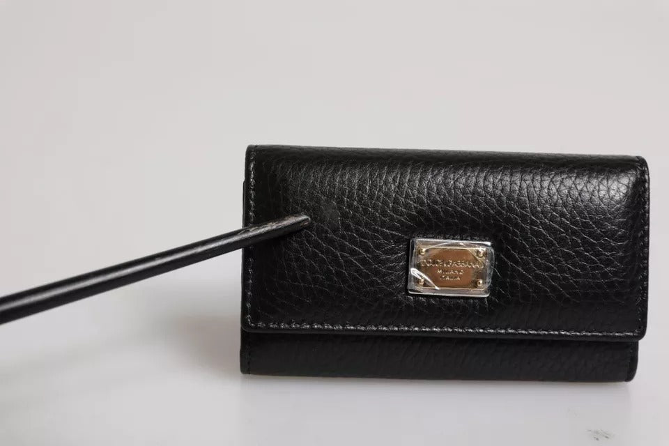Dolce & Gabbana – Dreifach faltbarer Schlüsselanhänger mit Logo-Plakette aus schwarzem Leder und goldenem Metall