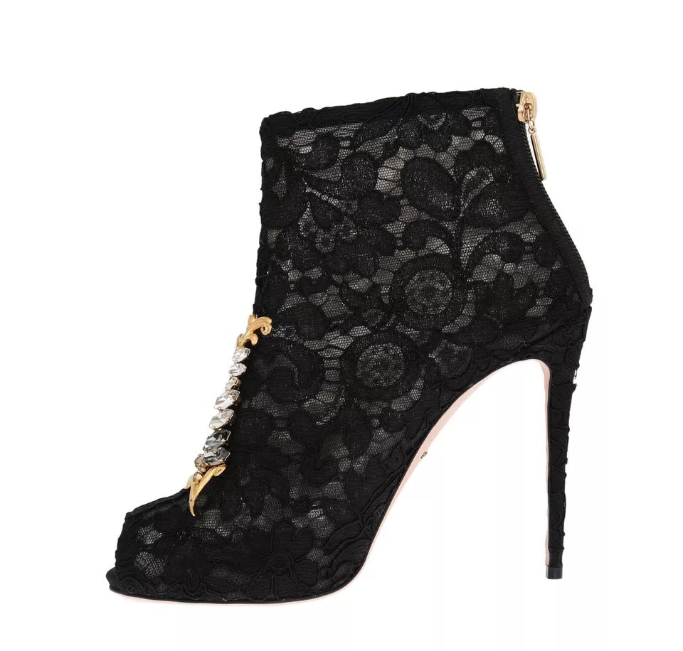 Dolce & Gabbana – Schwarze Stiefeletten mit Kristallspitze und Stilettos