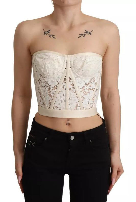 Dolce & Gabbana – Weißes, trägerloses, kurzes Bustier-Top aus floraler Spitze