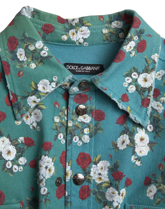 Dolce & Gabbana – Blaues Jeanshemd aus Baumwolle mit Knopfleiste und Blumenmuster