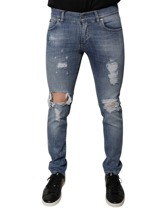 Dolce & Gabbana – Blaue Skinny-Jeans aus zerfetztem Baumwollstretch