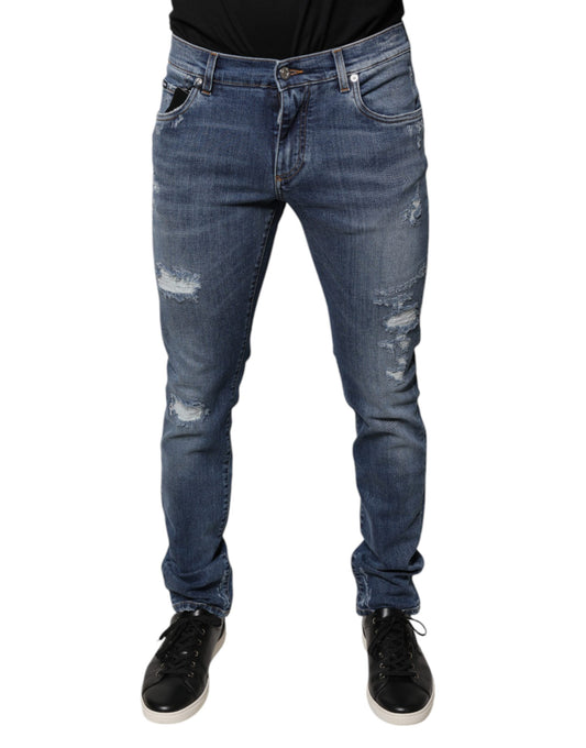 Dolce & Gabbana – Blaue Skinny-Jeans aus zerfetztem Baumwollstretch