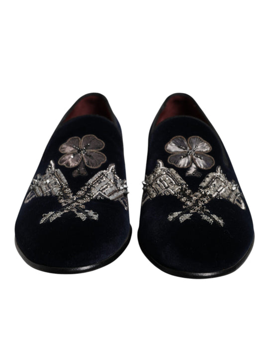 Dolce & Gabbana – Loafer aus schwarzem Samt mit Blumenmuster und Pistolenmotiv