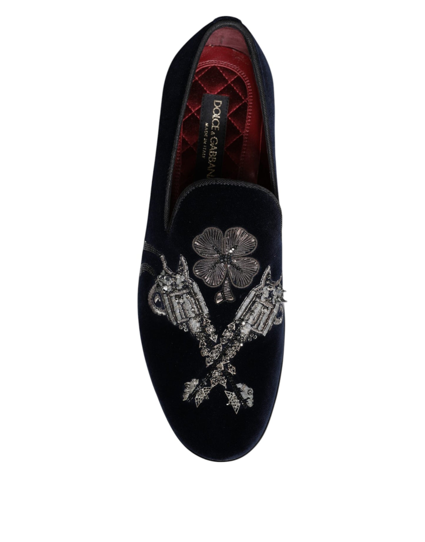 Dolce & Gabbana – Loafer aus schwarzem Samt mit Blumenmuster und Pistolenmotiv
