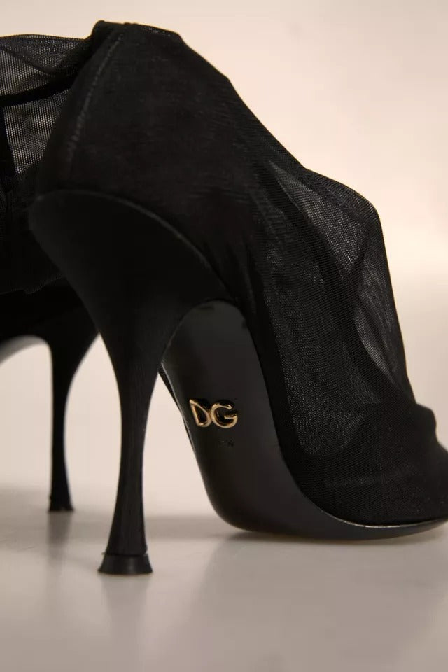 Dolce & Gabbana – Schwarze Stiefel mit Absatz im Sockenstil aus Seidennetz