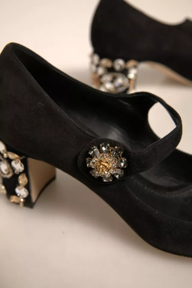 Dolce & Gabbana – Mary-Jane-Pumps aus schwarzem Wildleder mit Schmucksteinen