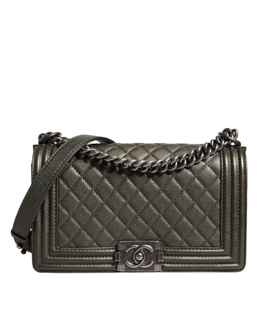 Chanel Dunkelgrüne Leder-Umhängetasche Graue Metall-Handtasche