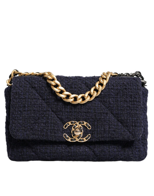 Chanel Dunkelblaue CC-Umhängetasche aus Tweed mit mittlerer Klappe und goldgrauer Kette