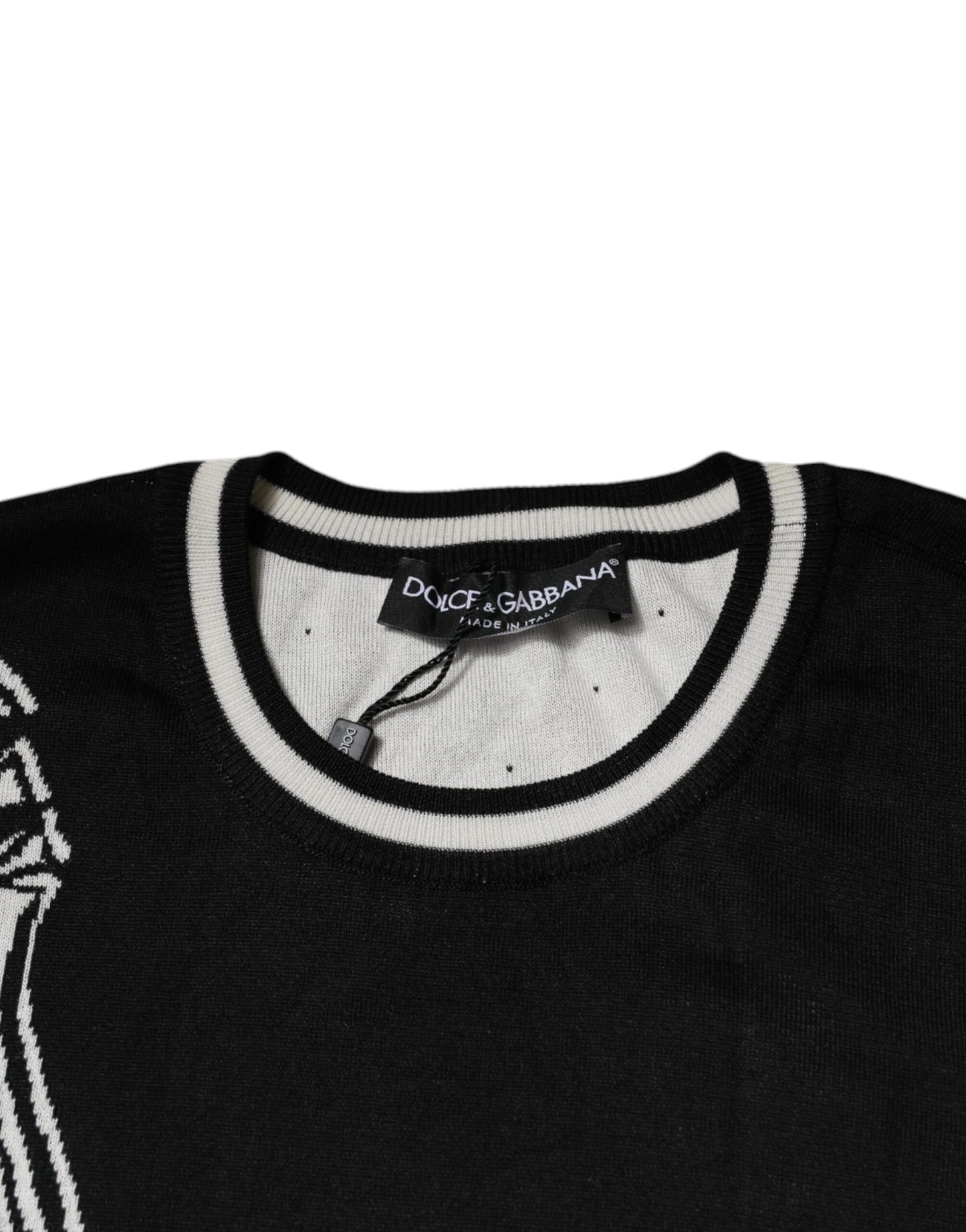 Dolce & Gabbana Schwarz-weißer Pullover mit Rundhalsausschnitt aus Seide mit Gitarre