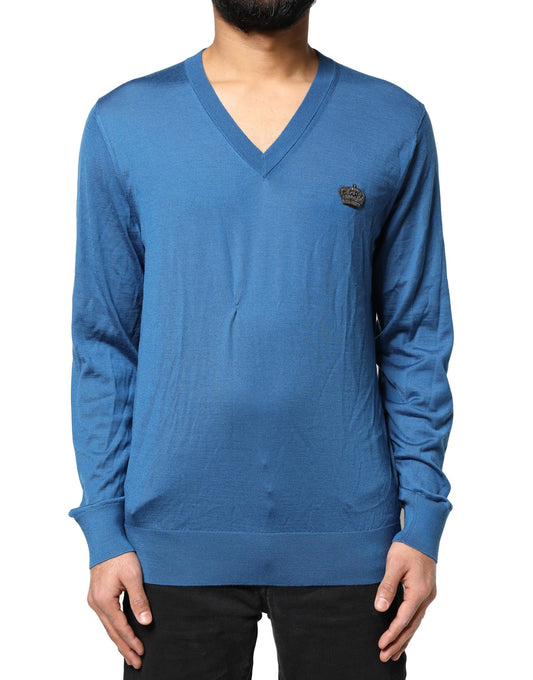 Dolce & Gabbana Blauer Kaschmirpullover mit Krone und V-Ausschnitt