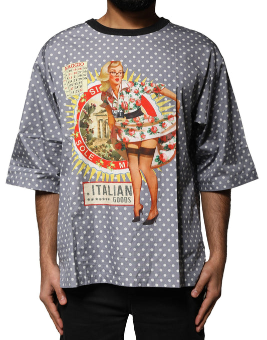 Dolce & Gabbana Graues T-Shirt mit Rundhalsausschnitt und Pin-Up-Print mit Polka Dots
