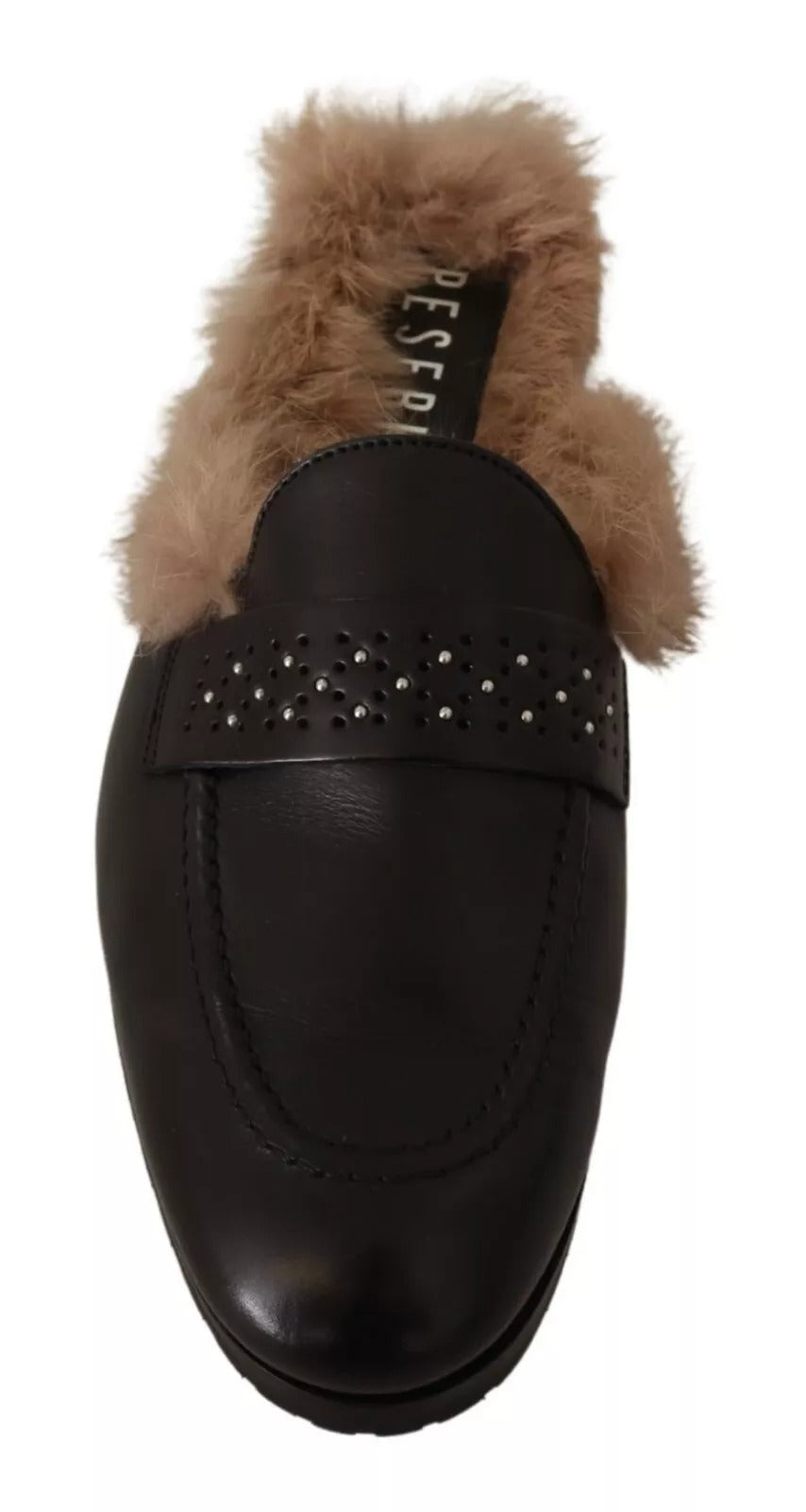 Peserico – Schwarze Slipper aus perforiertem Leder und Pelz