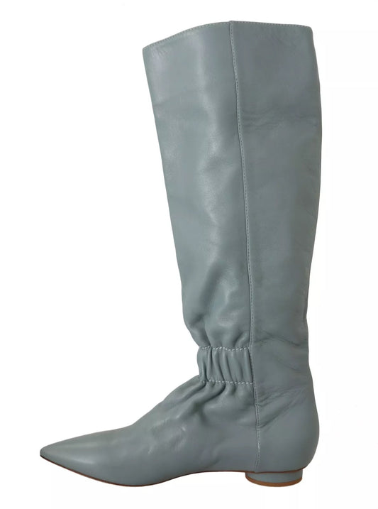Valentino Blaue elastische Leder-Flats zum Überziehen, kniehohe Stiefel