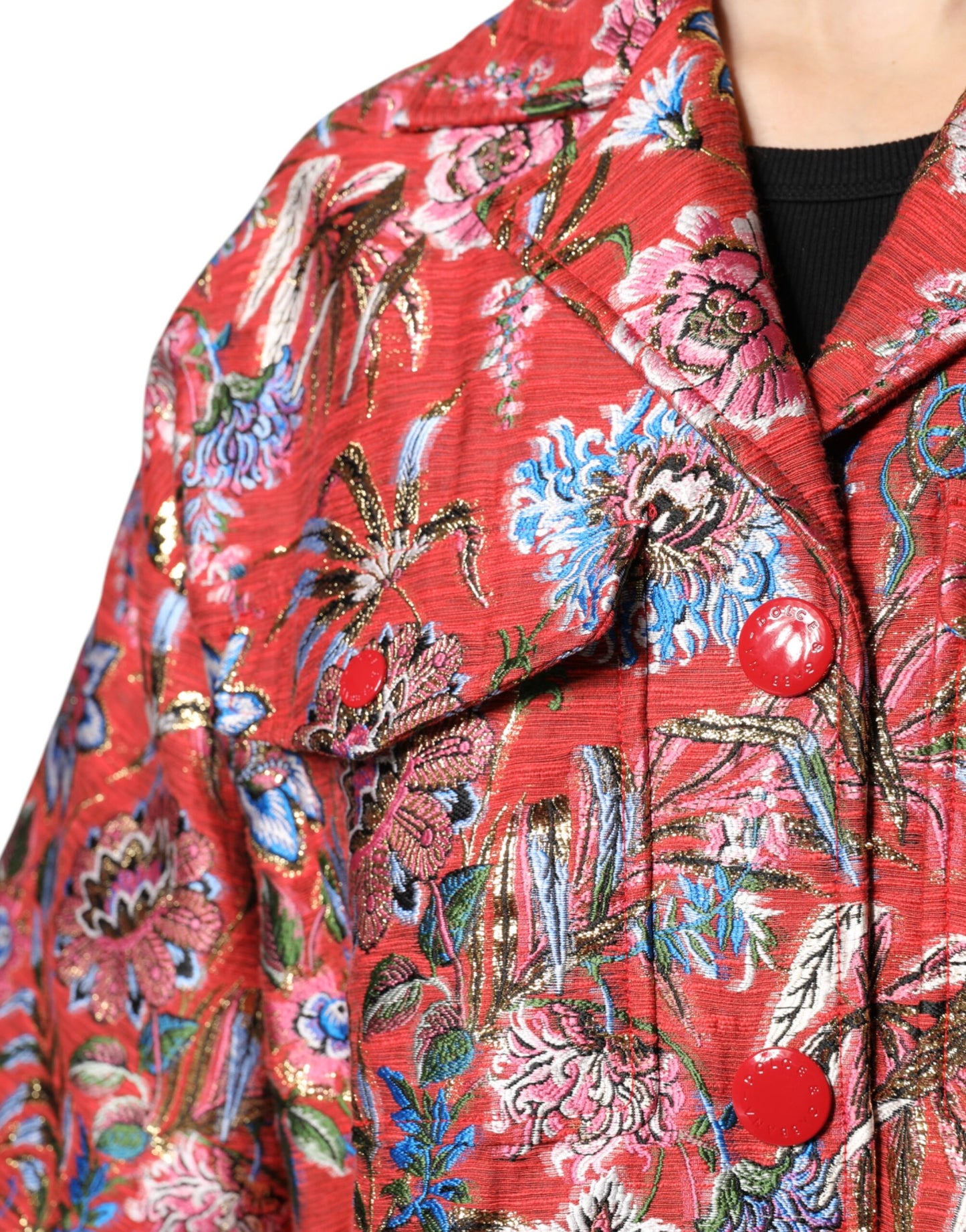 Dolce & Gabbana – Rote Jacquard-Manteljacke mit Knopfleiste und Blumenmuster