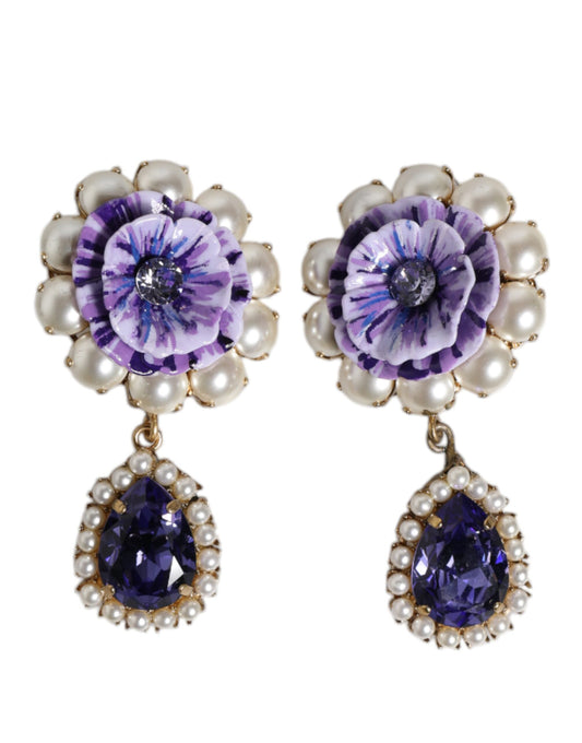 Dolce & Gabbana Purple Flower Pearl Teardrop Crystals Clip On Earrings