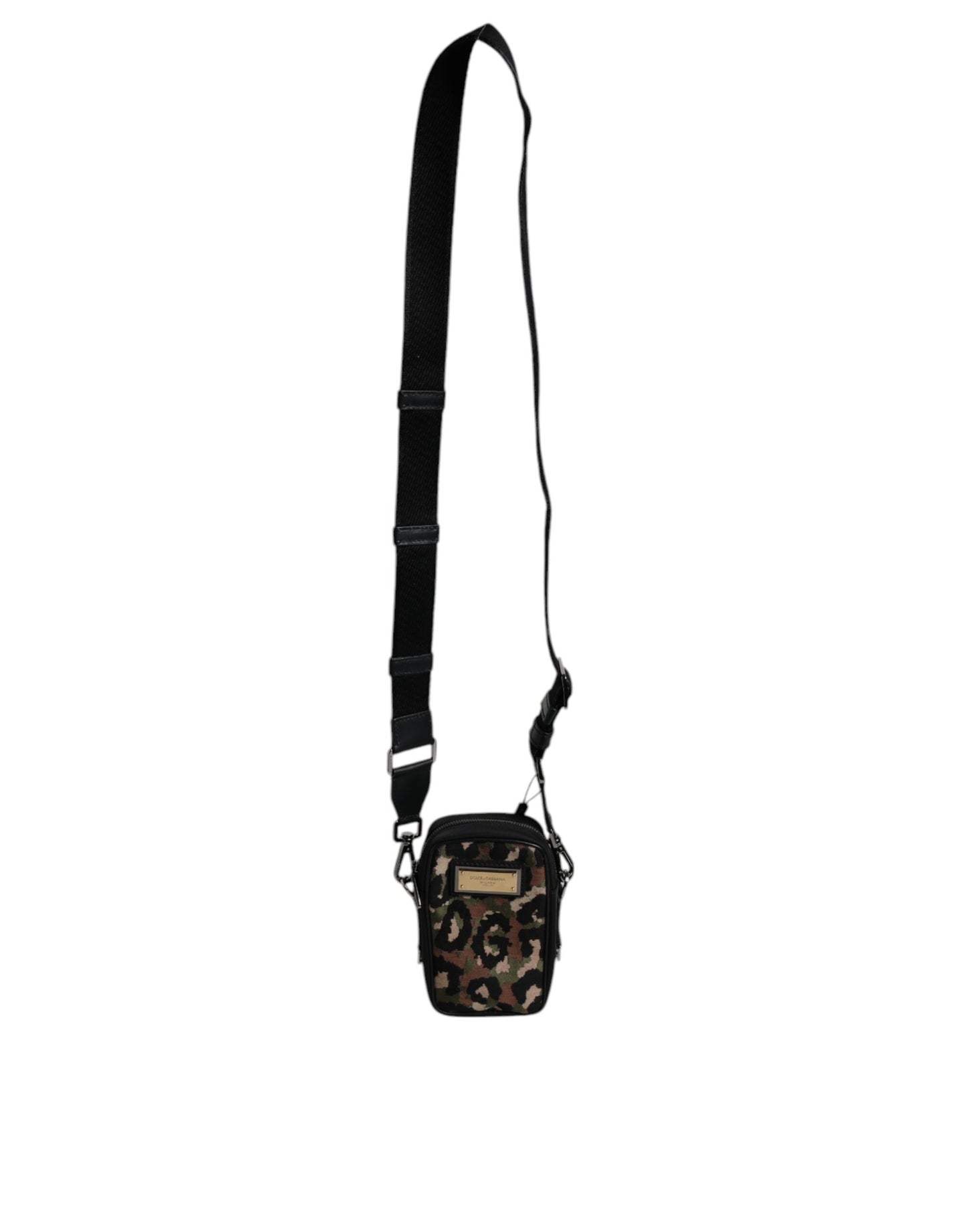 Dolce & Gabbana – Mehrfarbige Umhängetasche aus Jacquard mit Leopardenmuster und Logo-Schild