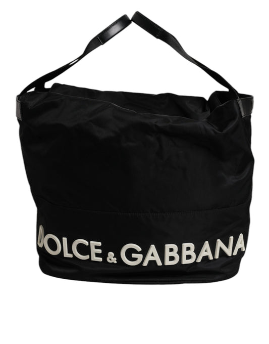 Dolce & Gabbana – Schultertasche aus schwarzem Nylon mit weißem ikonischem Logo