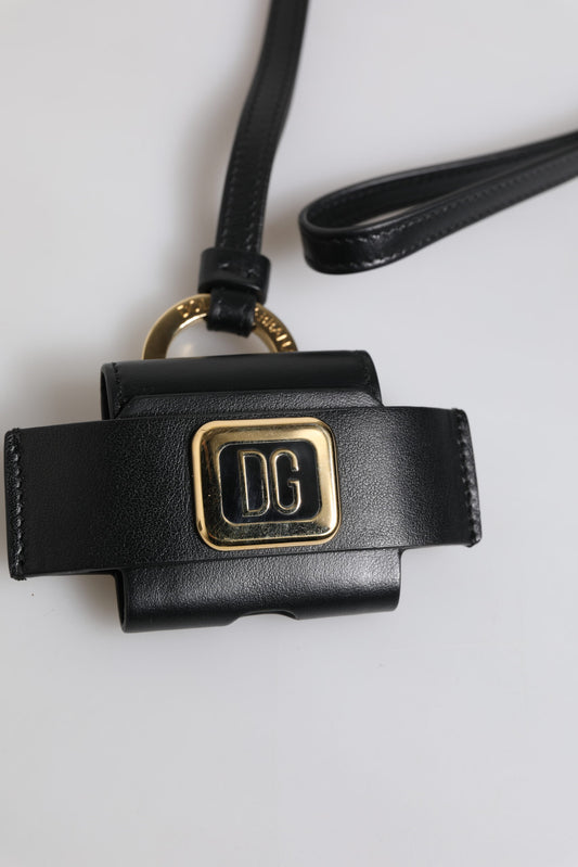 Dolce & Gabbana – Airpods-Hülle mit schwarzem Lederarmband und goldenem Metall-Logo