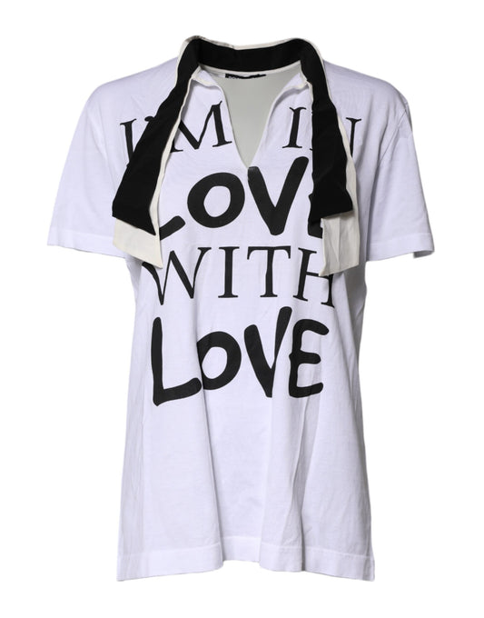 Dolce & Gabbana – Weißes T-Shirt aus Baumwoll-Seiden-Mischgewebe mit Ascot-Kragen