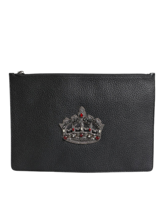 Dolce & Gabbana – Clutch aus schwarzem Kalbsleder mit Kronenverzierung
