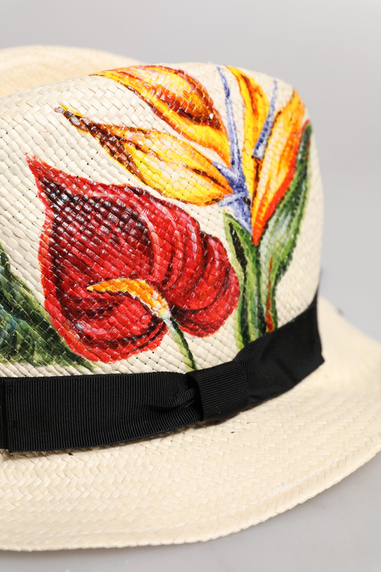Dolce & Gabbana – Beigefarbener Fedora-Hut aus Stroh mit Blumenmuster und breiter Krempe