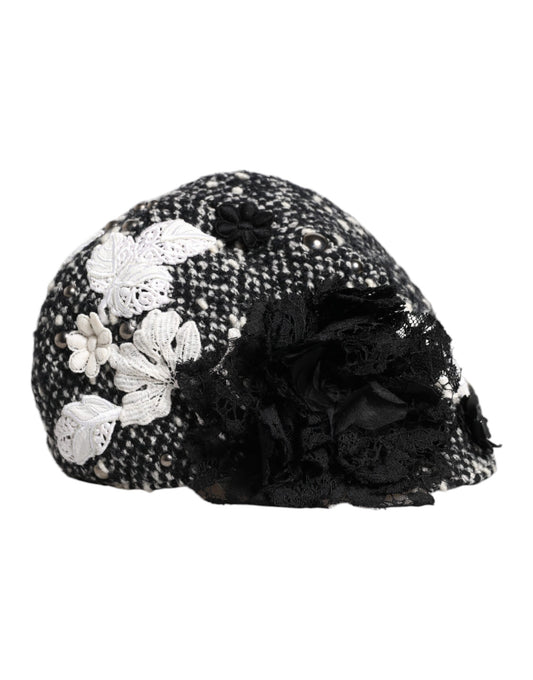 Dolce & Gabbana – Glockenhut aus schwarzer Wolle mit weißem Blumenmuster