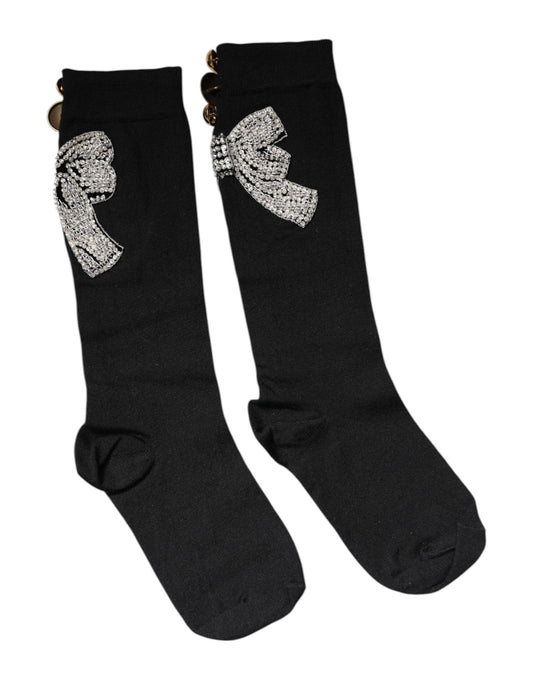 Dolce & Gabbana – Schwarze Stricksocken mit Blumen- und Kristallverzierung