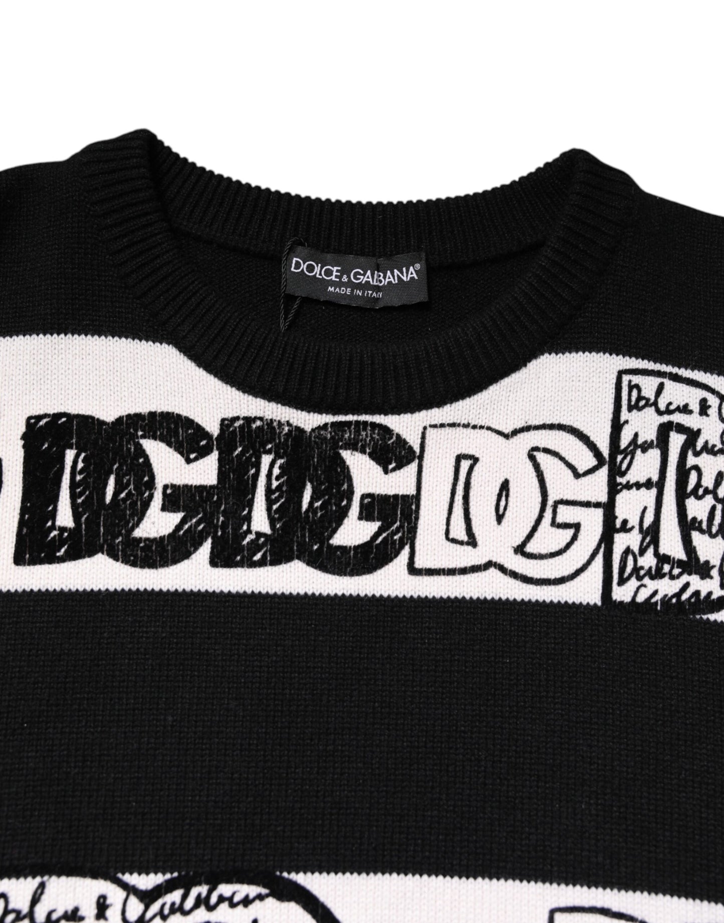Dolce & Gabbana – Schwarz-weißer Wollpullover mit Logo-Print