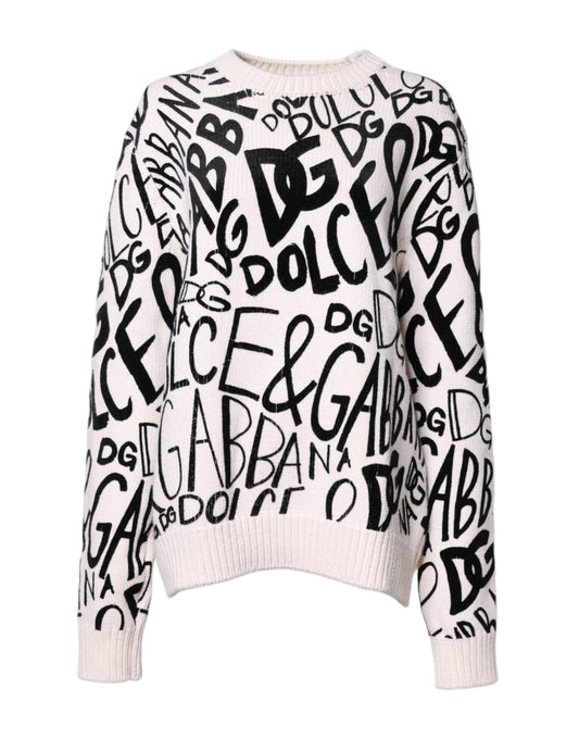 Dolce & Gabbana Weiß Schwarz Logo Print Damen Pullover Pullover