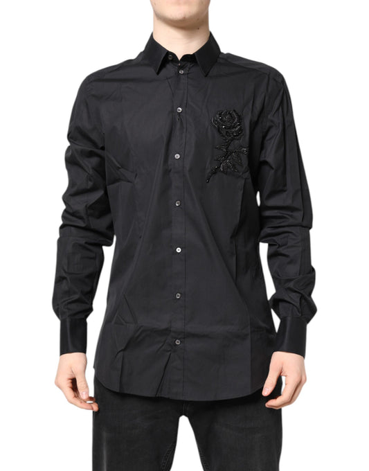 Dolce & Gabbana Black Floral Gold Cotton Dress Formal Shirt