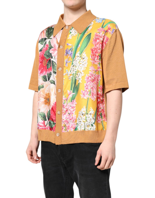 Dolce & Gabbana – Braunes, kurzärmliges T-Shirt mit Blumenkragen
