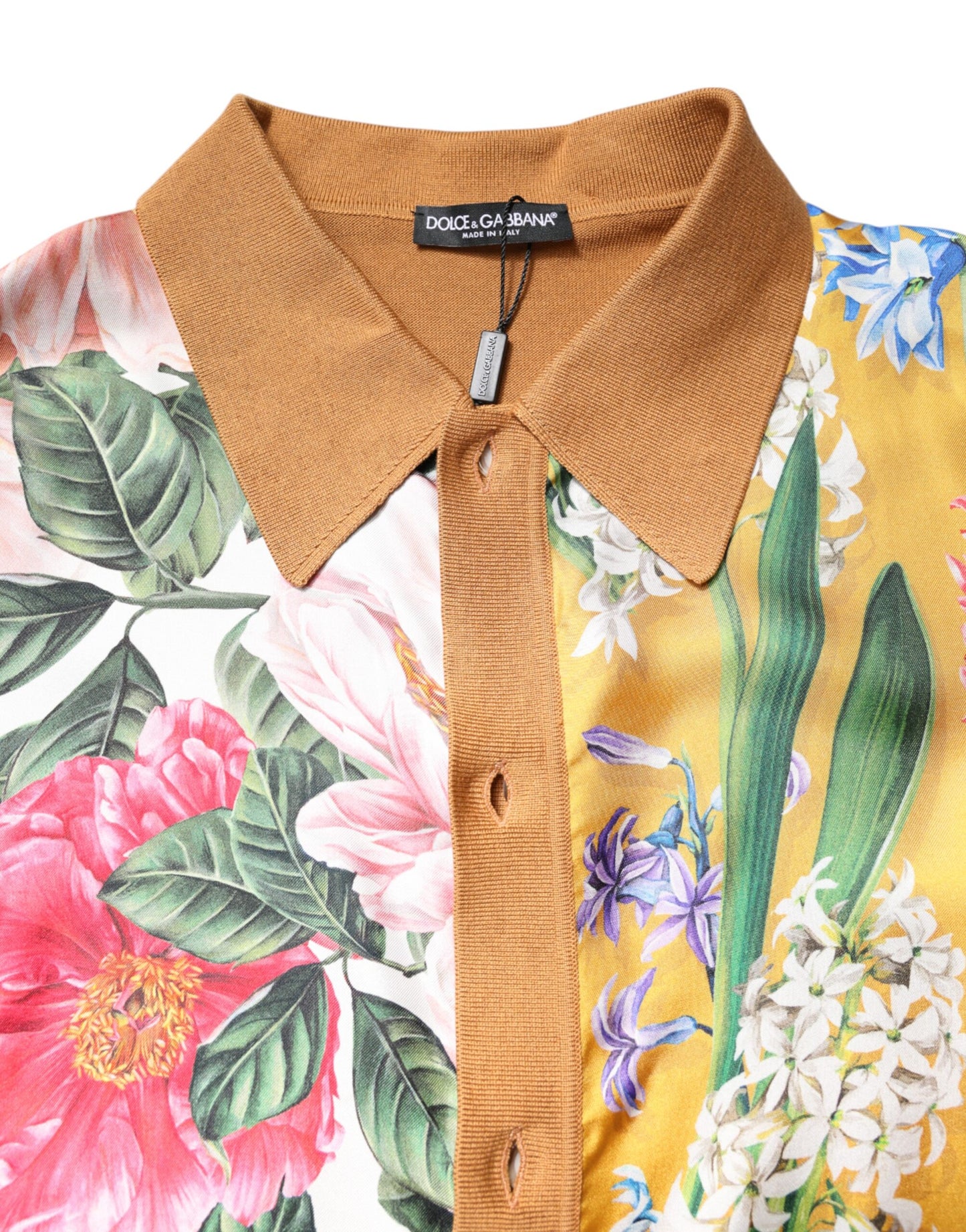 Dolce & Gabbana – Braunes, kurzärmliges T-Shirt mit Blumenkragen