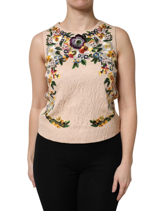 Dolce & Gabbana Beiges ärmelloses Tanktop mit Blumenstickerei