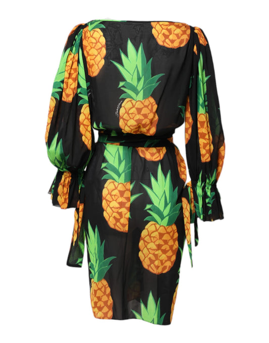 Dolce & Gabbana – Schwarzes Mini-Wickelkleid aus Seide mit Ananas-Print