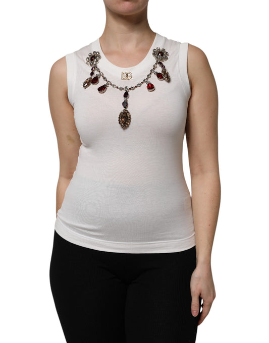 Dolce & Gabbana – Weißes Tanktop aus Baumwolle mit Logo und Kristallverzierung