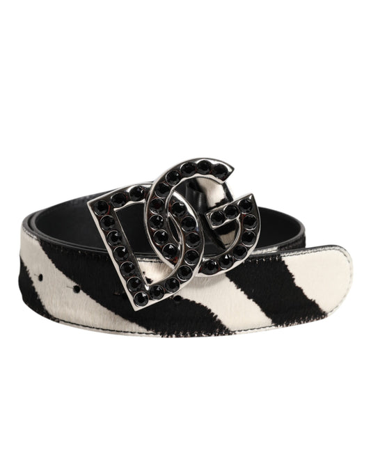 Dolce & Gabbana Weiß-schwarzer Ledergürtel mit Zebra-DG-Kristallschnalle
