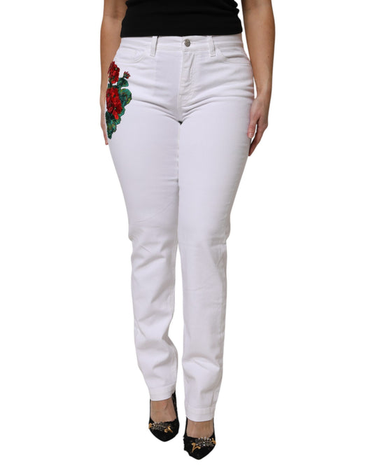 Dolce & Gabbana Weiße GIRLY-Jeans mit Blumen- und Paillettenbesatz